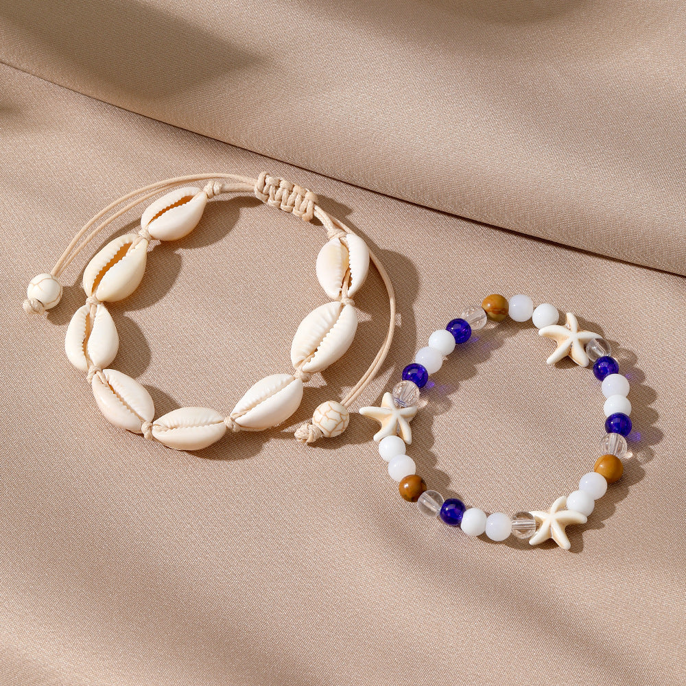 Boho Beach Shell and Bead Anklet Set