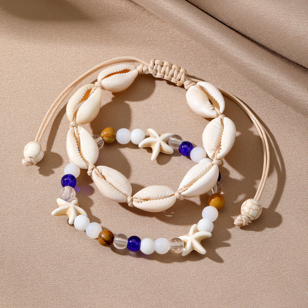 Boho Beach Shell and Bead Anklet Set