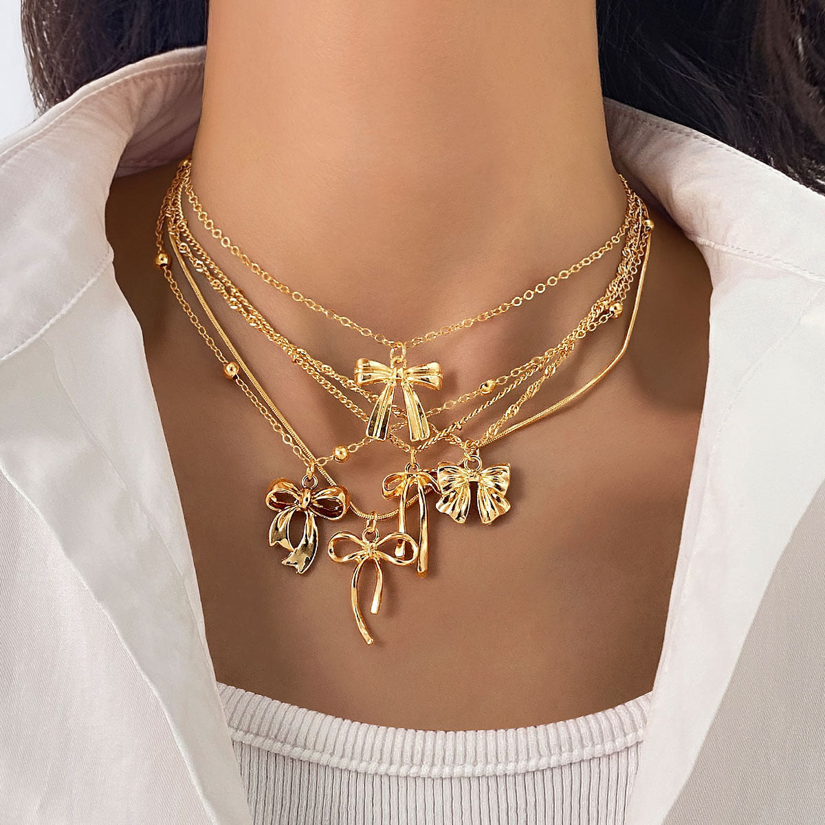 Layered Necklace Set with Bow & Floral Charms