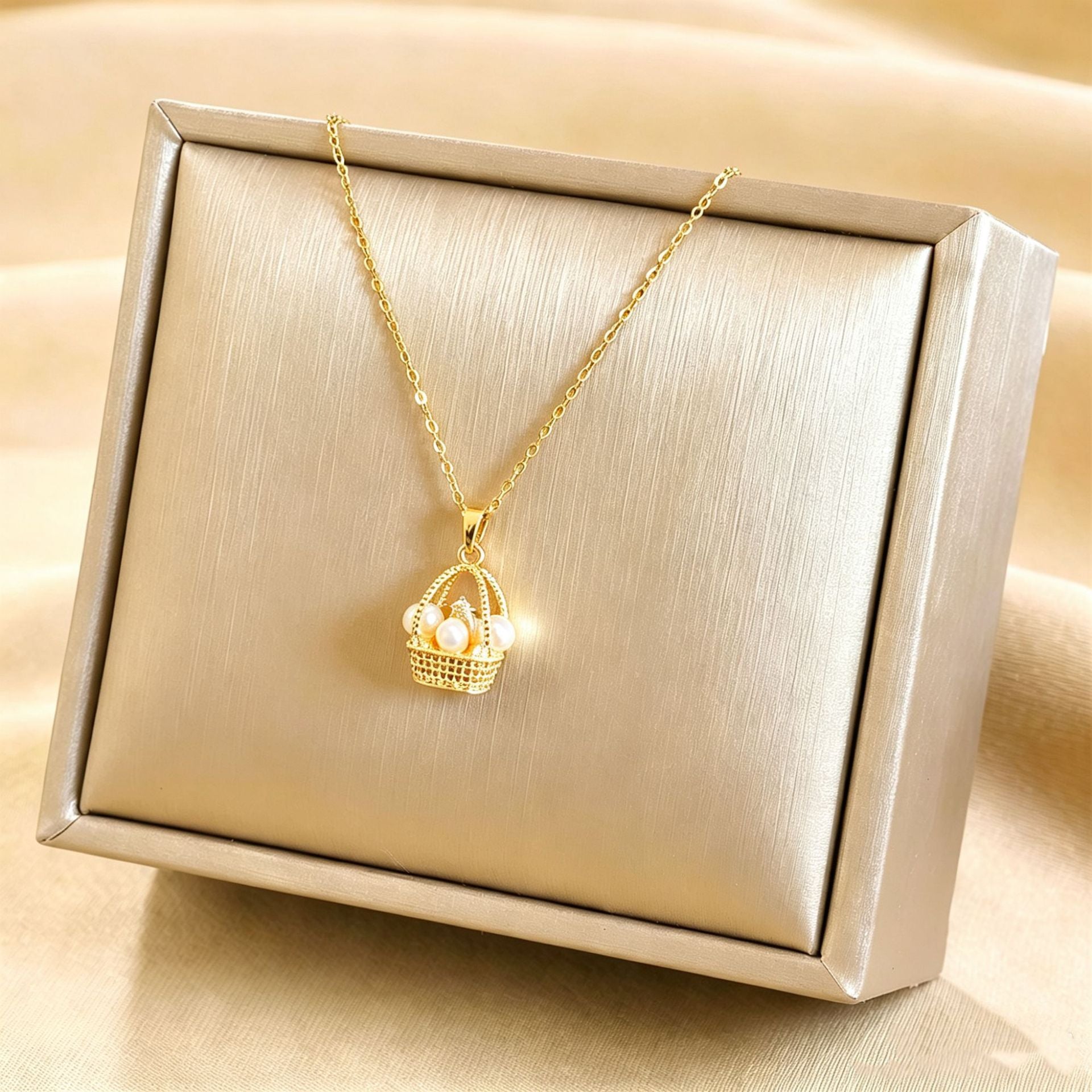 Pearl Basket Pendant Necklace Gift Jewelry Set