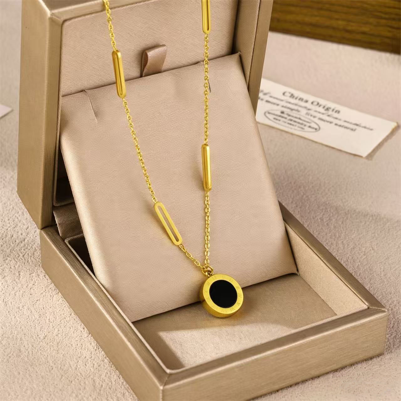 Women`s Silver Chain Necklace with Black Round Pendant