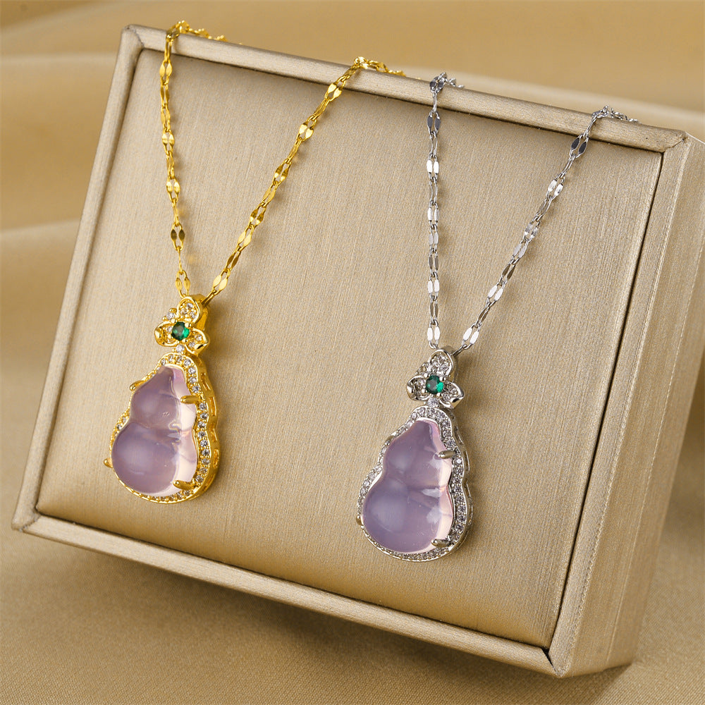 Jade Gourd Pendant Necklace with Crystals
