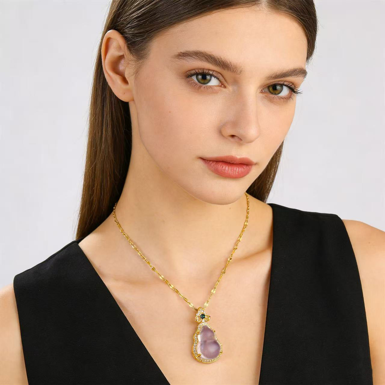 Jade Gourd Pendant Necklace with Crystals