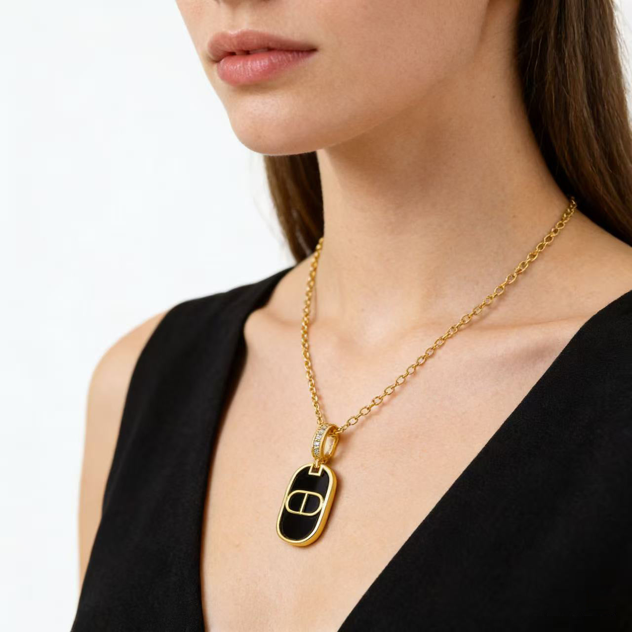 Gold Enamel Tag Pendant Necklace