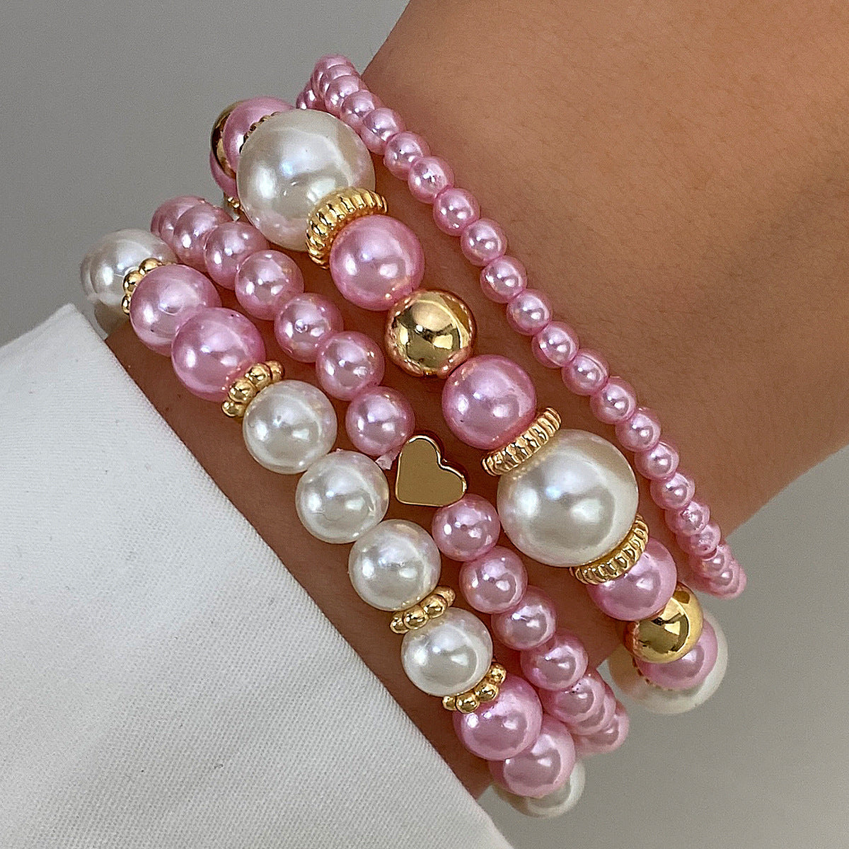 Pink & Pearl Stackable Beaded Bracelet Set