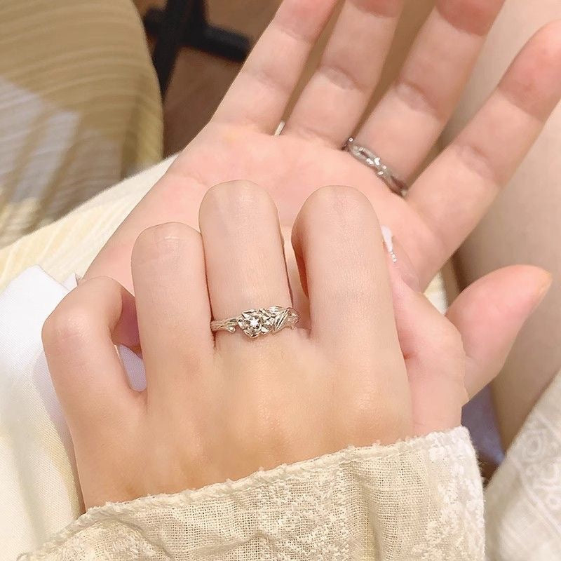 Adjustable Silver Floral Couple Rings Set Women