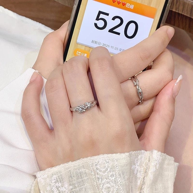 Adjustable Silver Floral Couple Rings Set Women