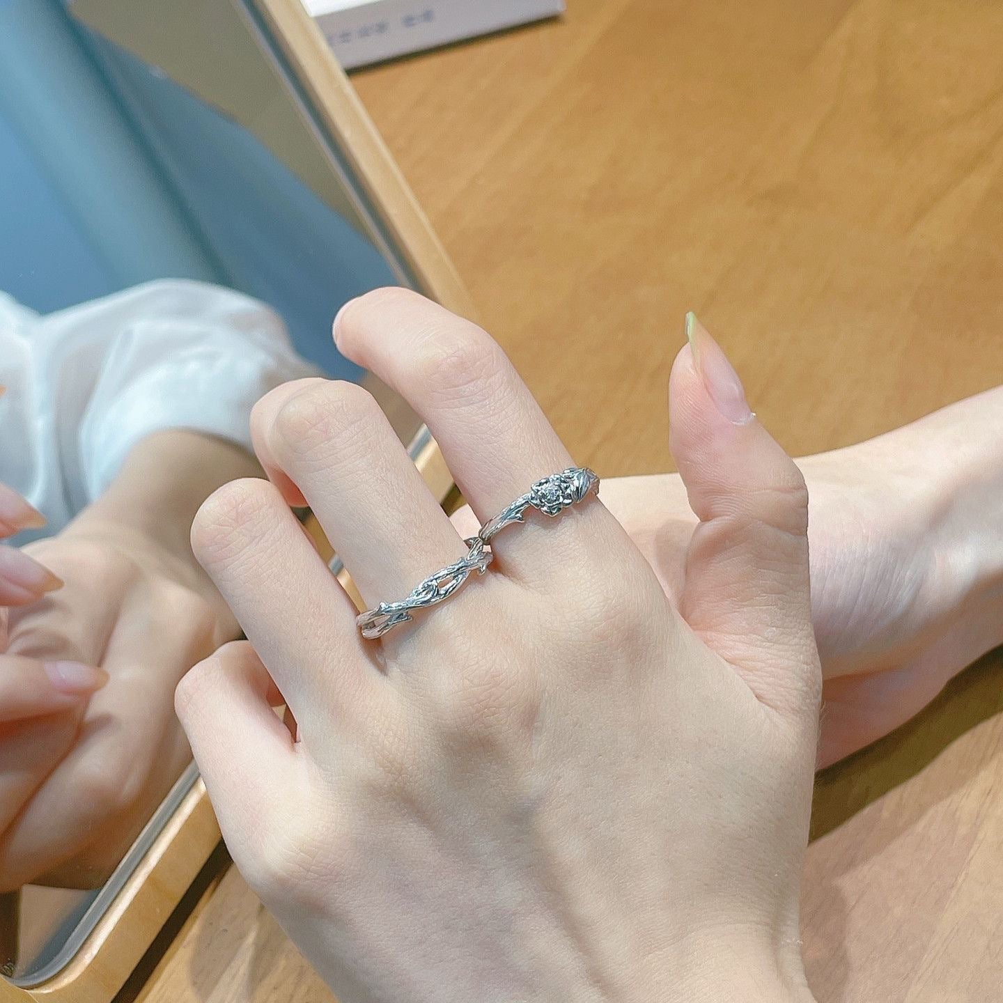 Adjustable Silver Floral Couple Rings Set Women