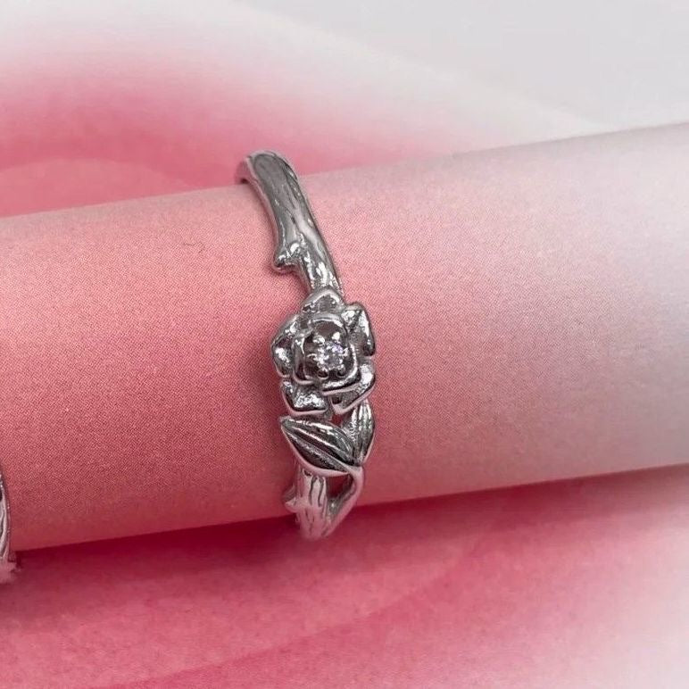 Adjustable Silver Floral Couple Rings Set Women