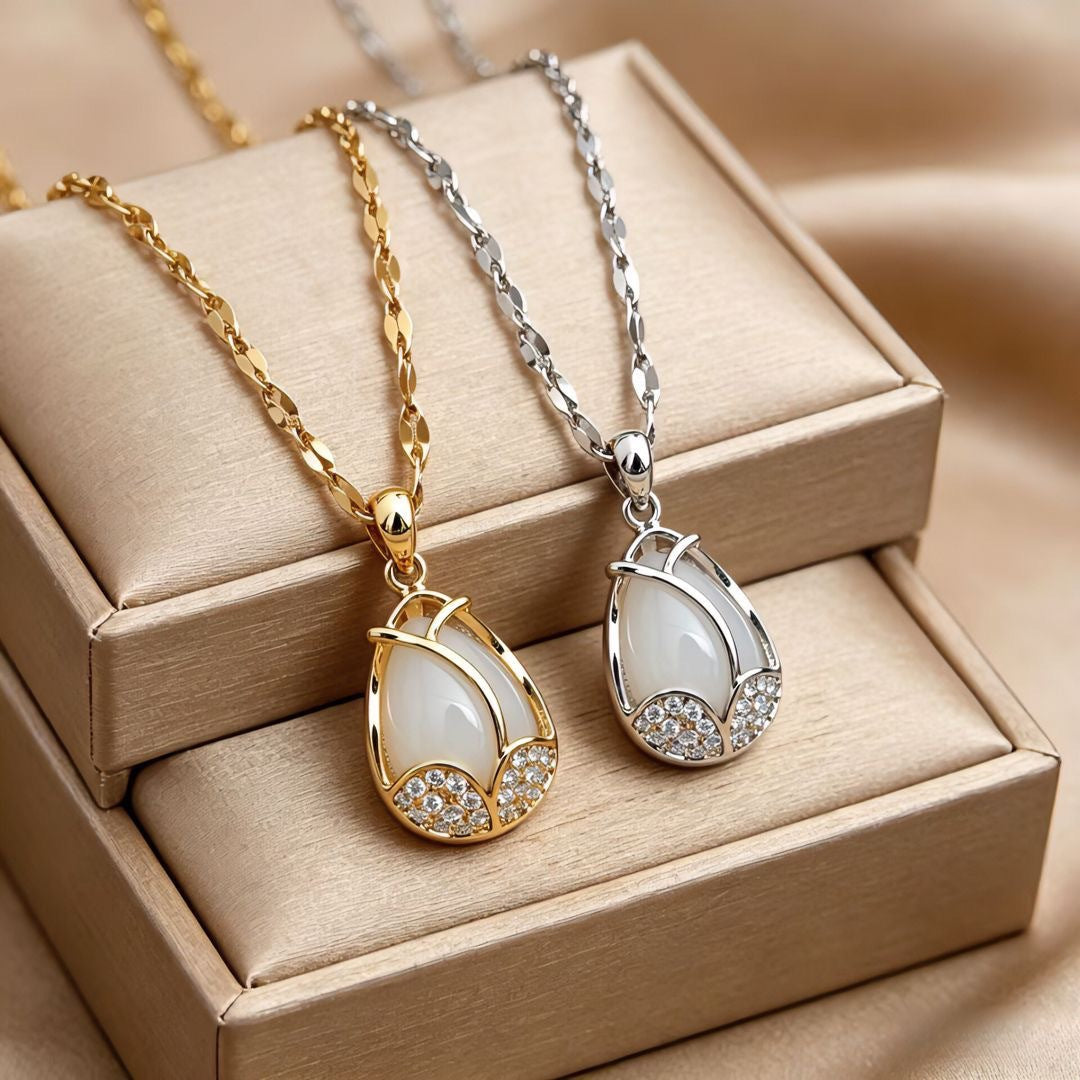 Teardrop Opal Rhinestone Tulip Pendant Necklace