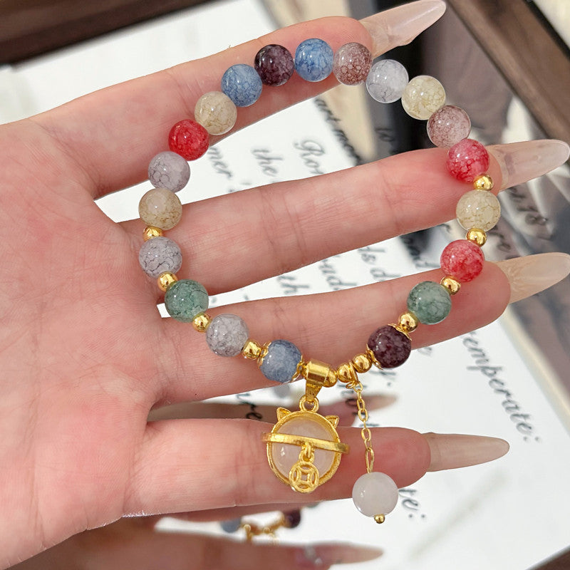 Multicolor Crackle Bead Charm Bracelet with Gold Accent