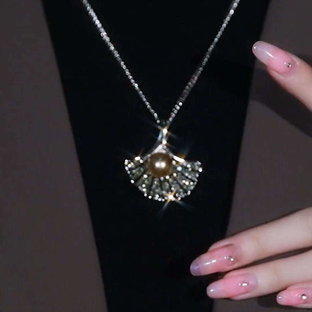 Women's Fan Pearl Crystal Pendant Necklace