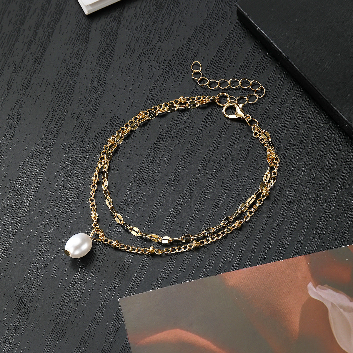 Gold Layered Chain Pearl Anklet Bracelet