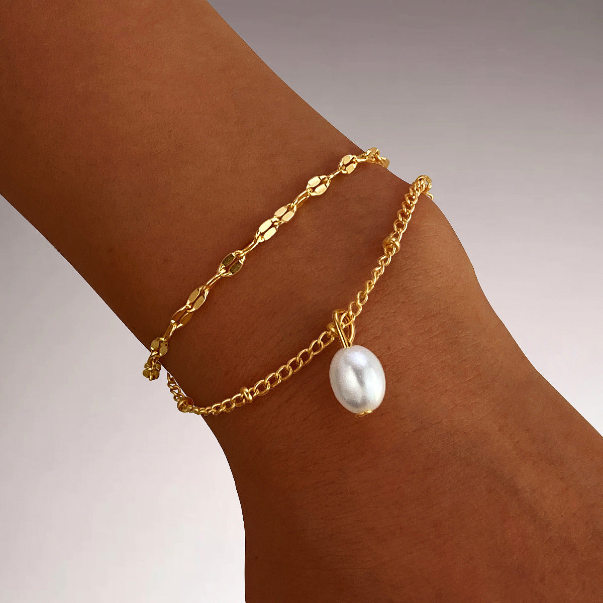Gold Layered Chain Pearl Anklet Bracelet