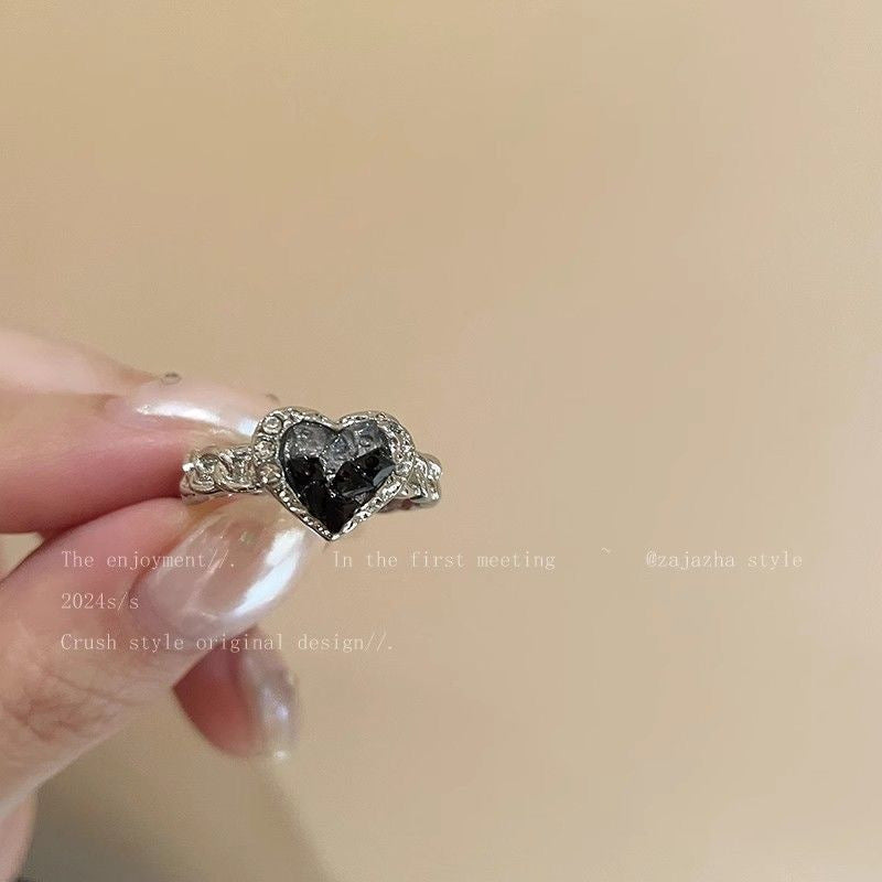 Black Heart Rhinestone Ring Set for Women Fashion