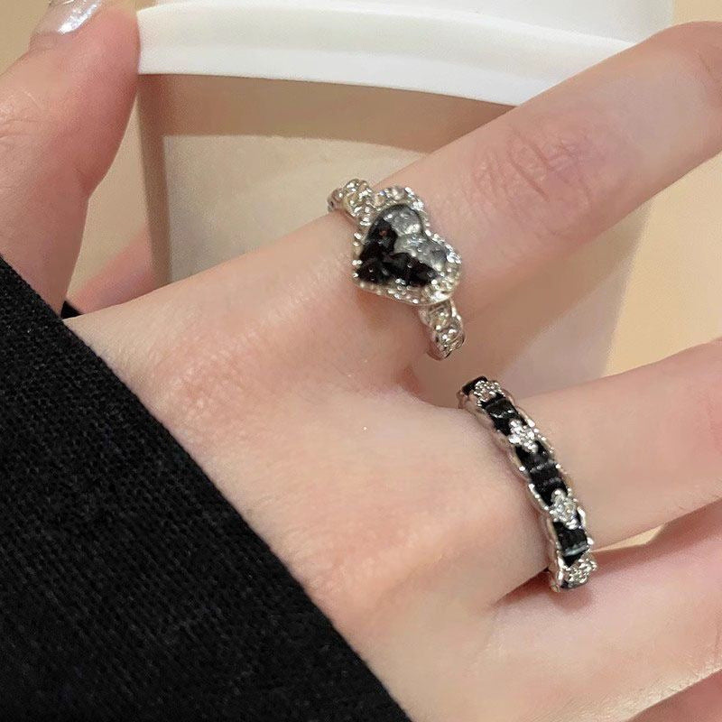 Black Heart Rhinestone Ring Set for Women Fashion