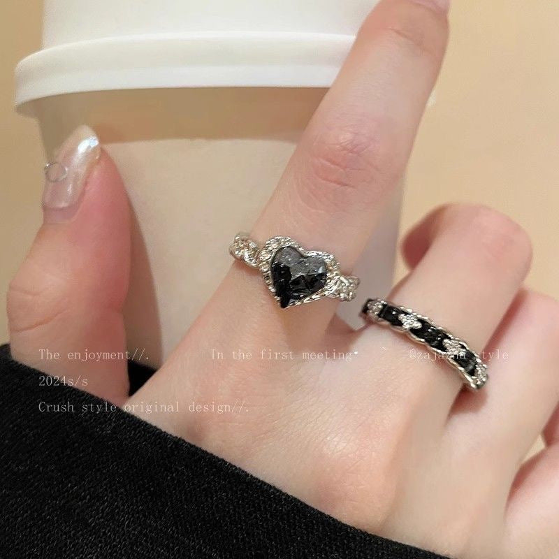 Black Heart Rhinestone Ring Set for Women Fashion