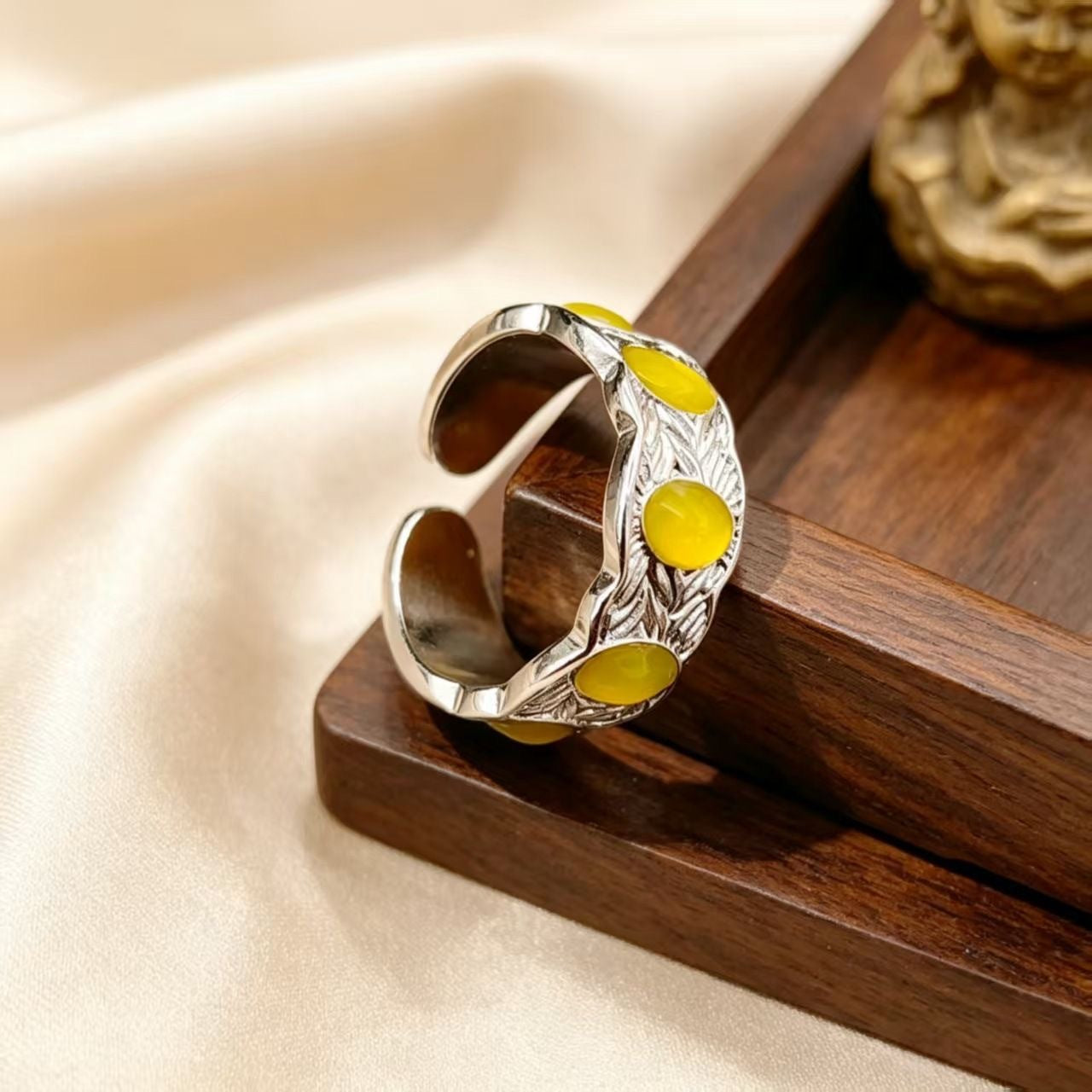 Engraved Open Rings with Yellow Stones