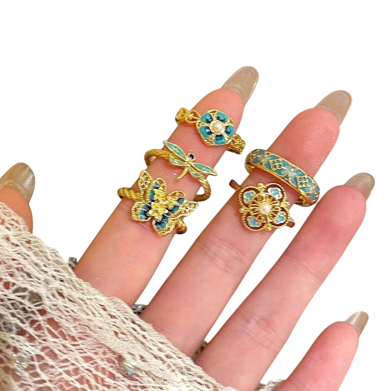 Women’s Gold-Tone Blue Enamel Floral Ring Set