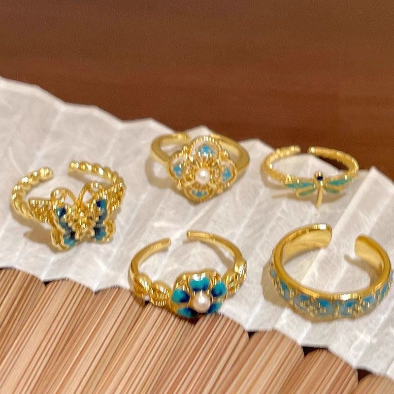 Women’s Gold-Tone Blue Enamel Floral Ring Set