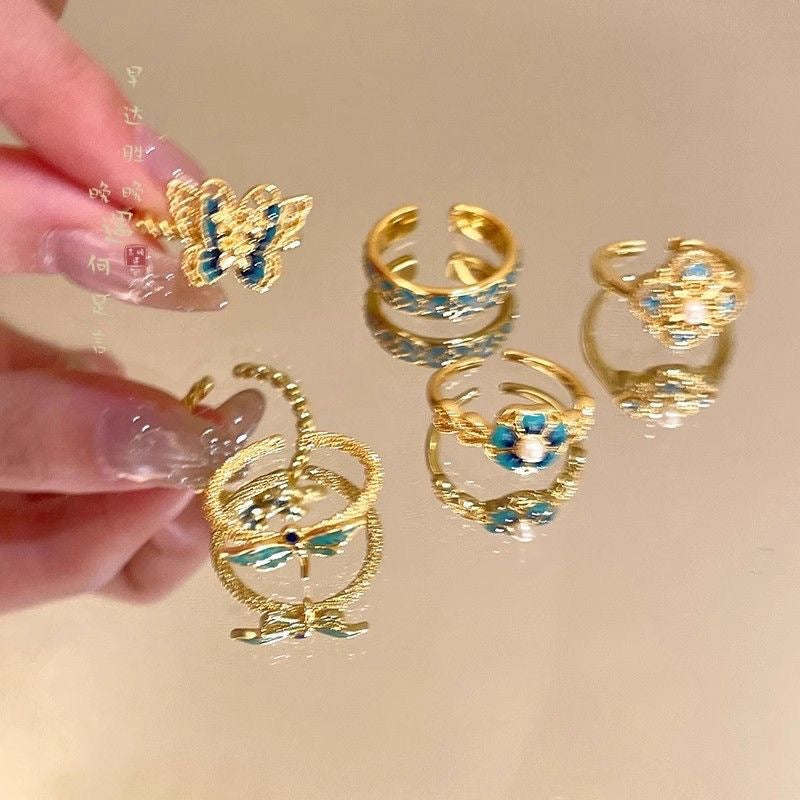 Women’s Gold-Tone Blue Enamel Floral Ring Set