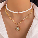 Layered Pearl & Sun Pendant Necklace