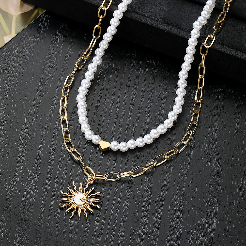 Layered Pearl & Sun Pendant Necklace