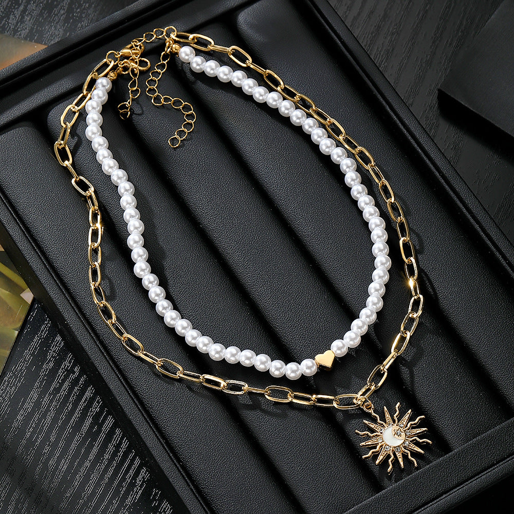 Layered Pearl & Sun Pendant Necklace