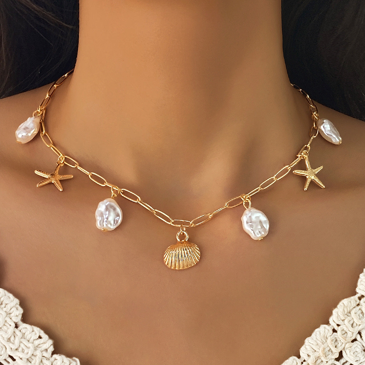 Women’s Pearl Shell Charm Layered Necklace