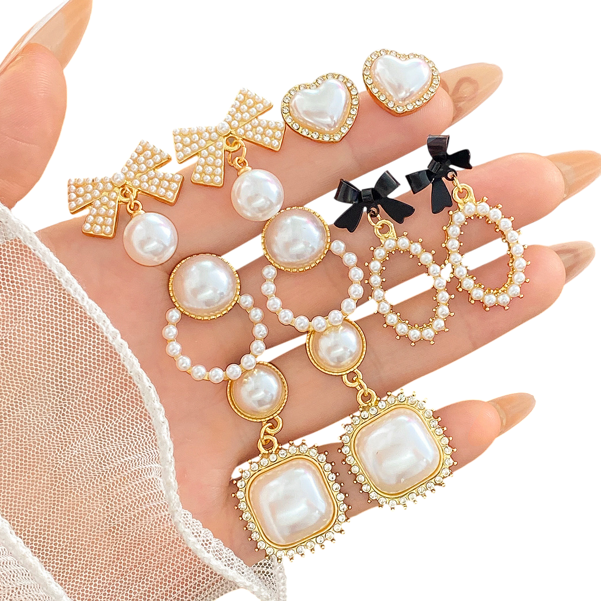 Women’s Pearl Bow & Crystal Statement Earrings