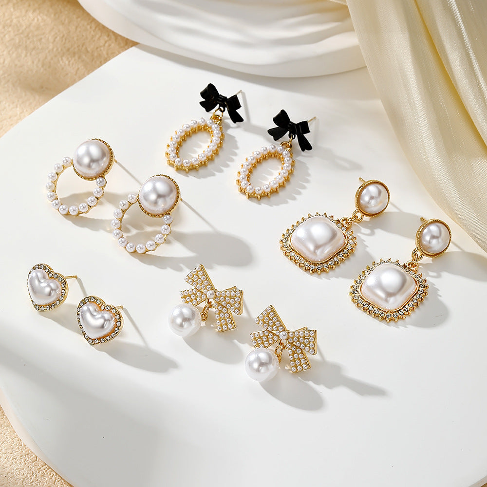 Women’s Pearl Bow & Crystal Statement Earrings
