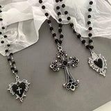 Women’s Gothic Heart Pendant Necklace with Beaded Chain and Cross Design
