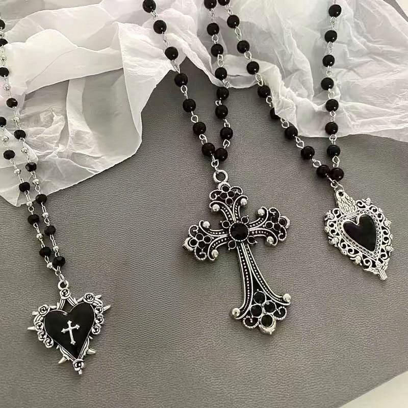 Women’s Gothic Heart Pendant Necklace with Beaded Chain and Cross Design