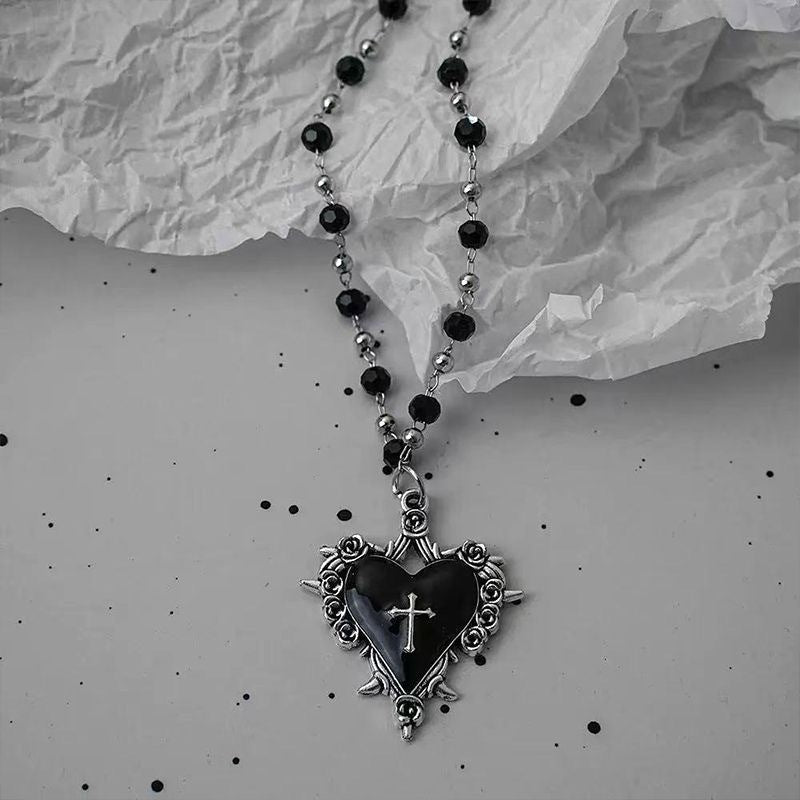 Women’s Gothic Heart Pendant Necklace with Beaded Chain and Cross Design