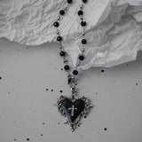 Women’s Gothic Heart Pendant Necklace with Beaded Chain and Cross Design