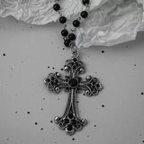 Women’s Gothic Heart Pendant Necklace with Beaded Chain and Cross Design
