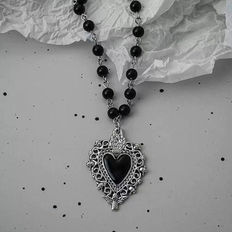 Women’s Gothic Heart Pendant Necklace with Beaded Chain and Cross Design