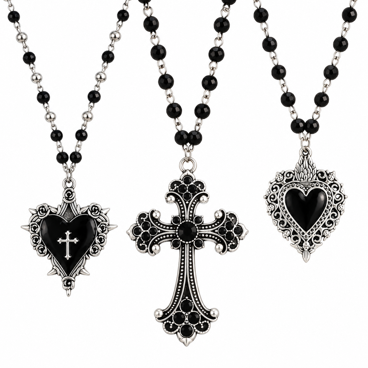 Women’s Gothic Heart Pendant Necklace with Beaded Chain and Cross Design