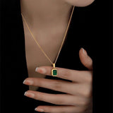 Gold Tone Green Stone Pendant Necklace