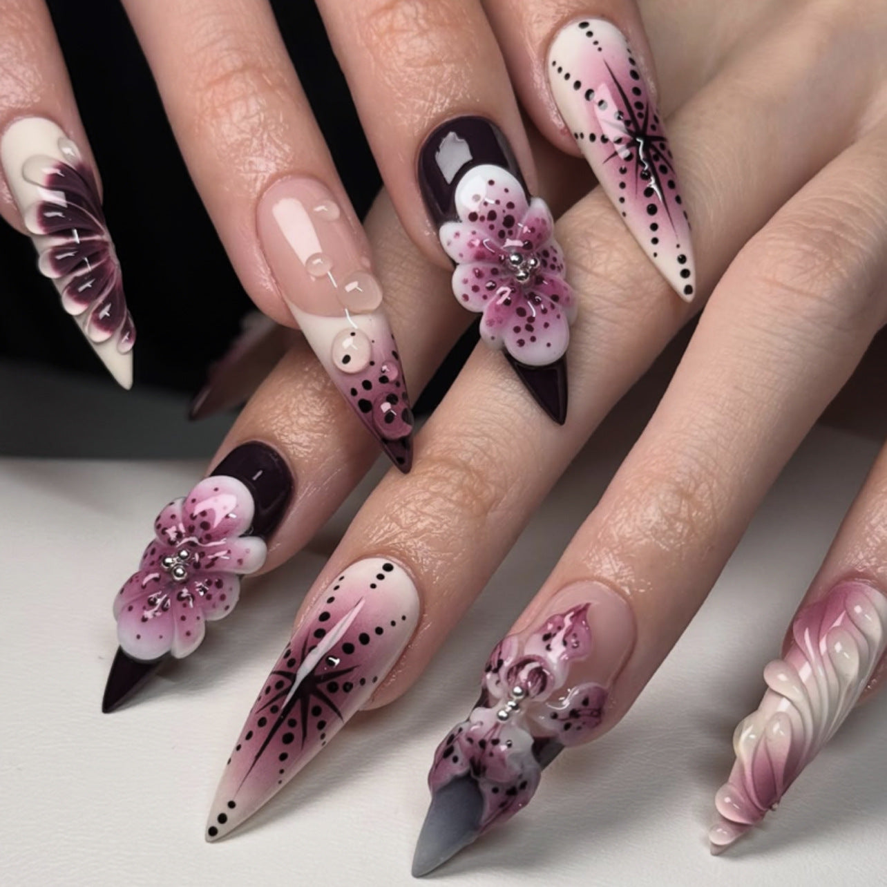 3D Floral Acrylic Nail Art
