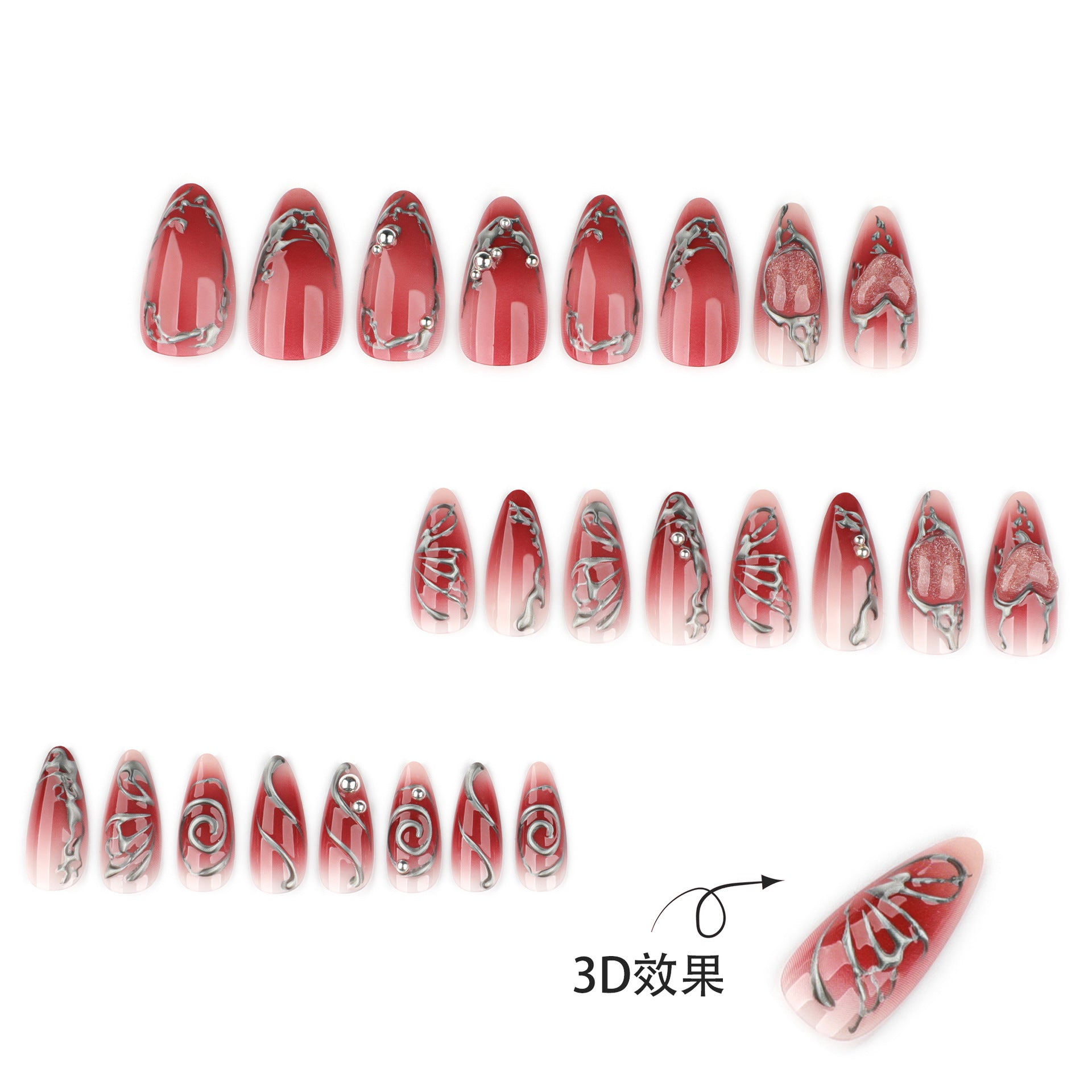 Red and Silver 3D Nail Art Set
