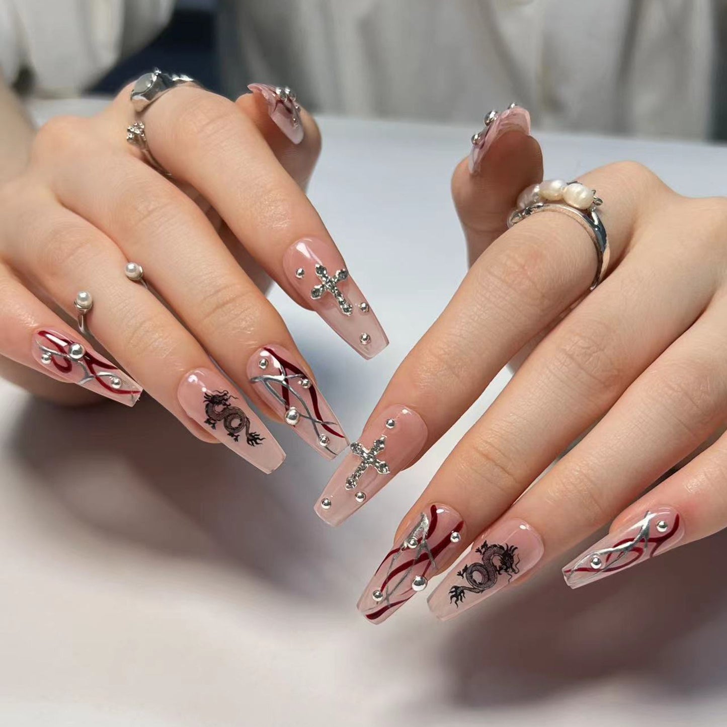 Nail Art with Cross & Dragon Design