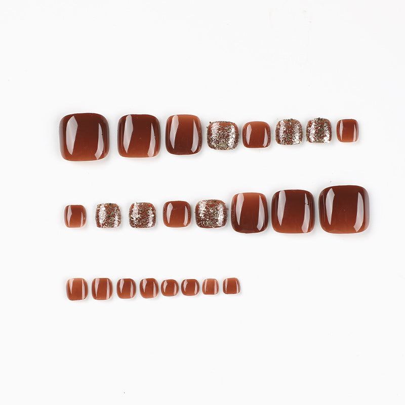 Brown Glossy Press-On Nails with Glitter Accents