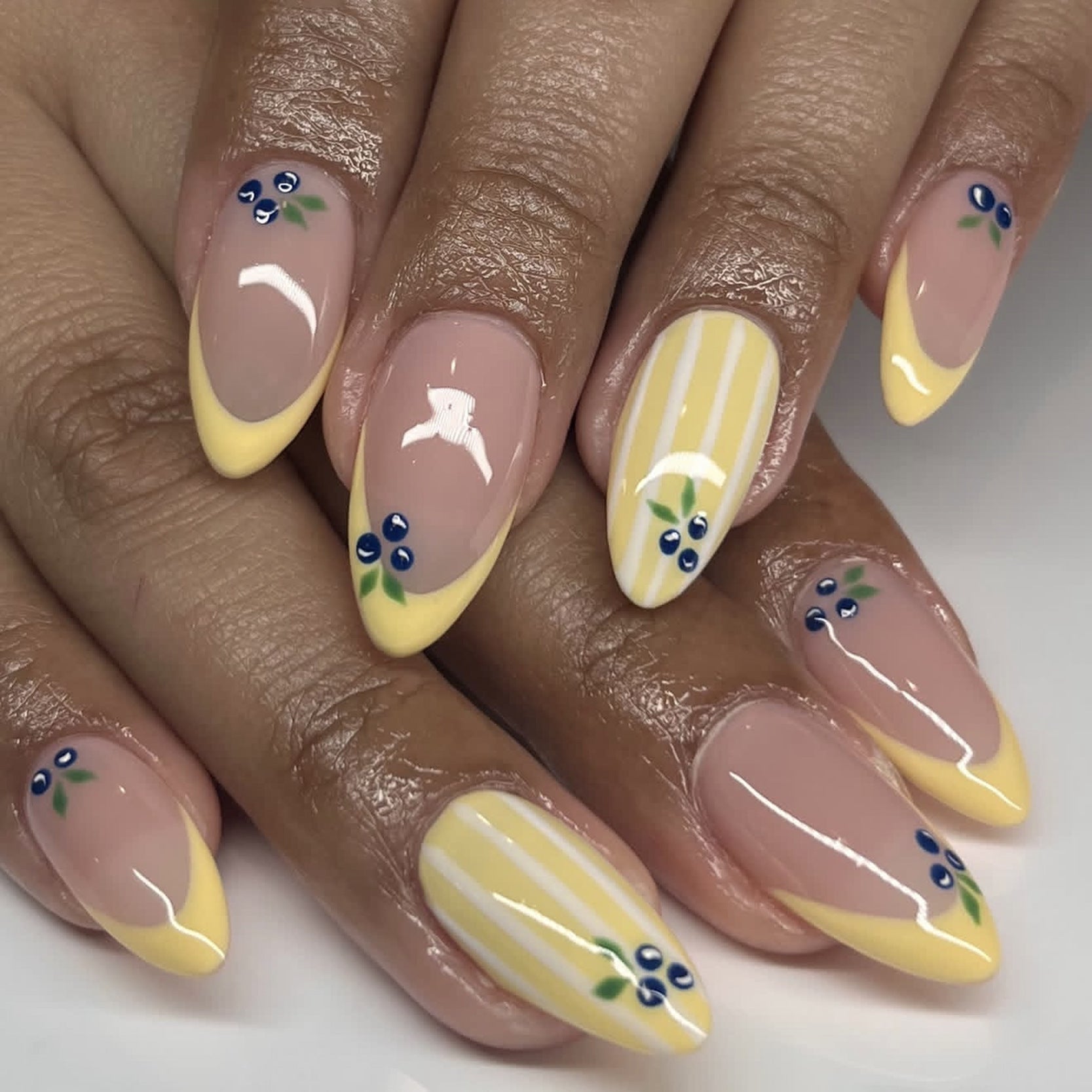 Blueberry Tip Press-On Nails with Yellow Stripes