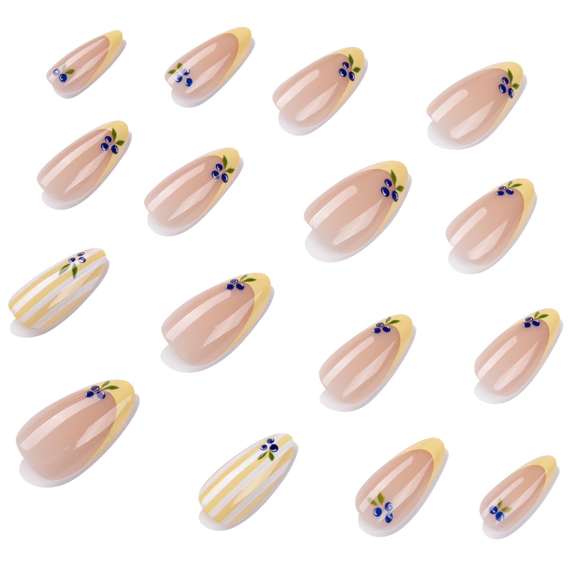 Blueberry Tip Press-On Nails with Yellow Stripes