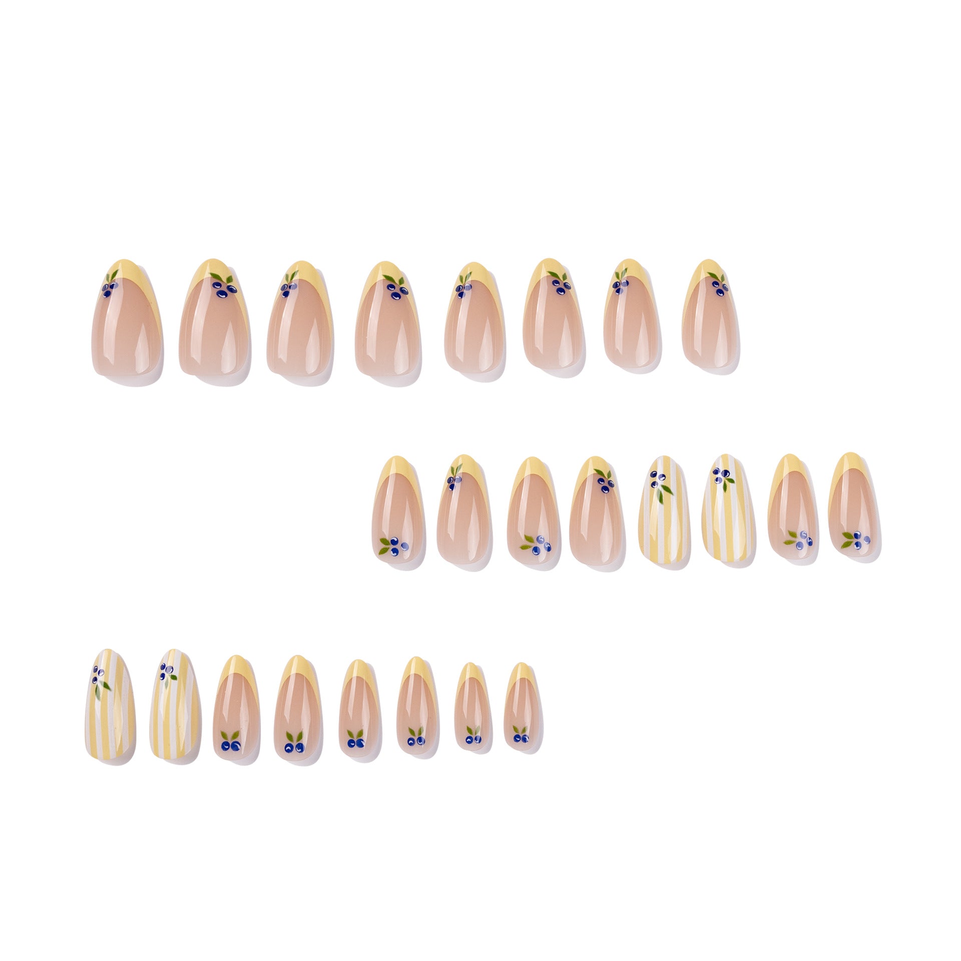 Blueberry Tip Press-On Nails with Yellow Stripes