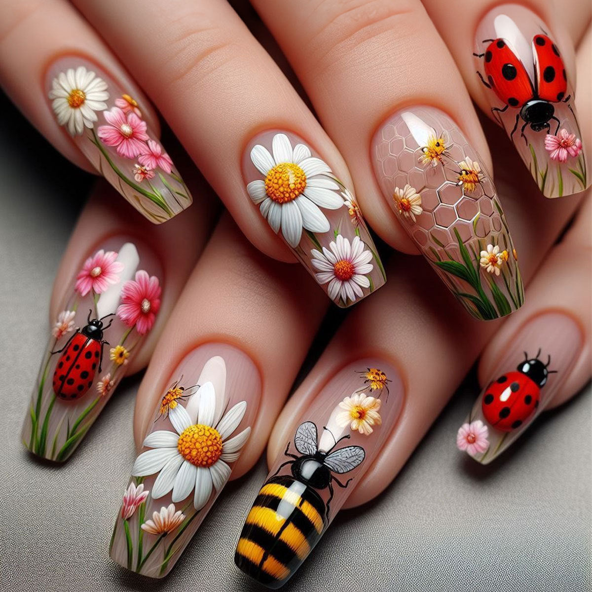 Vibrant Nature & Ladybug Luxury Press-On Nails