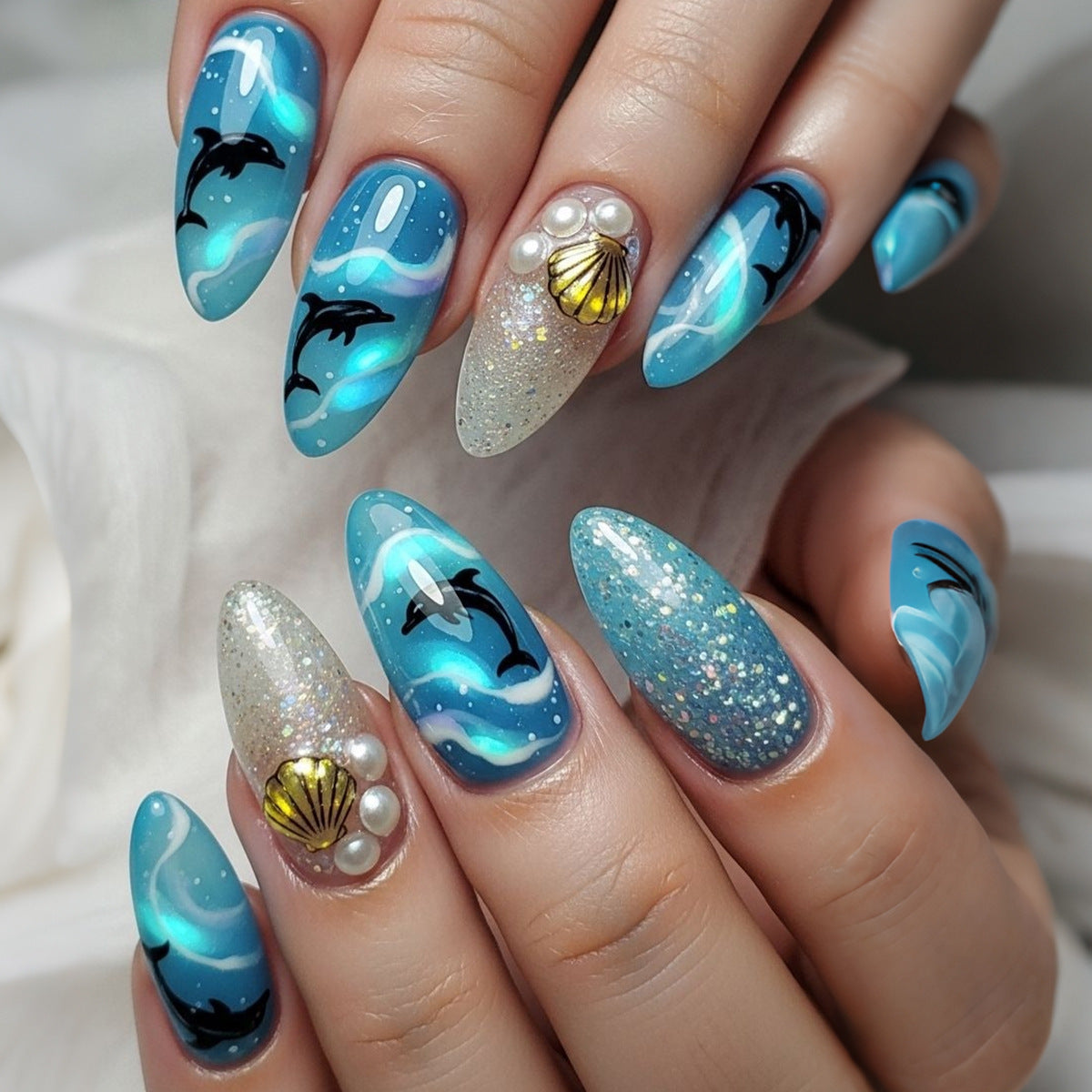 Ocean Wave Dolphin 3D Press-On Nails