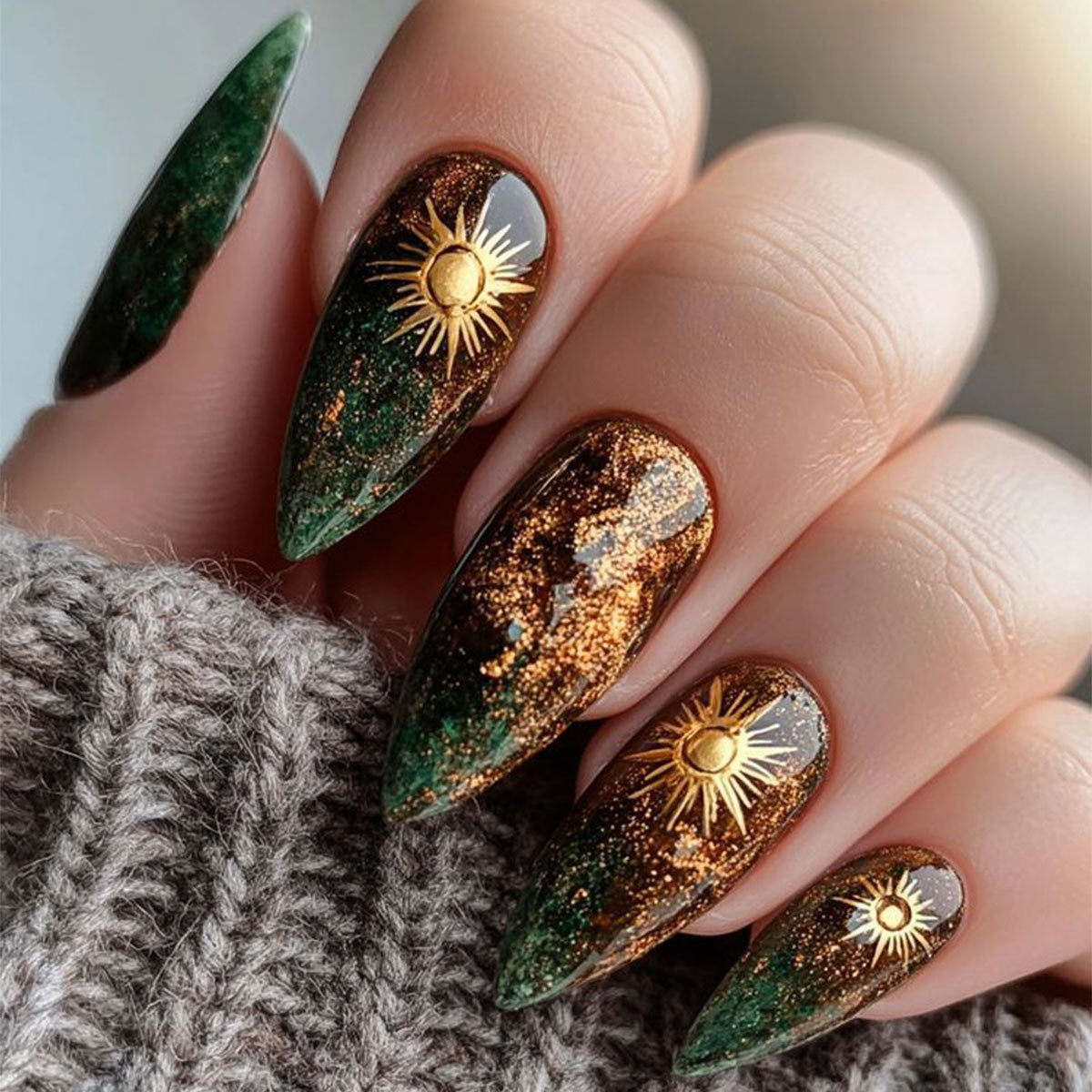 Emerald Gold Celestial Press On Nails