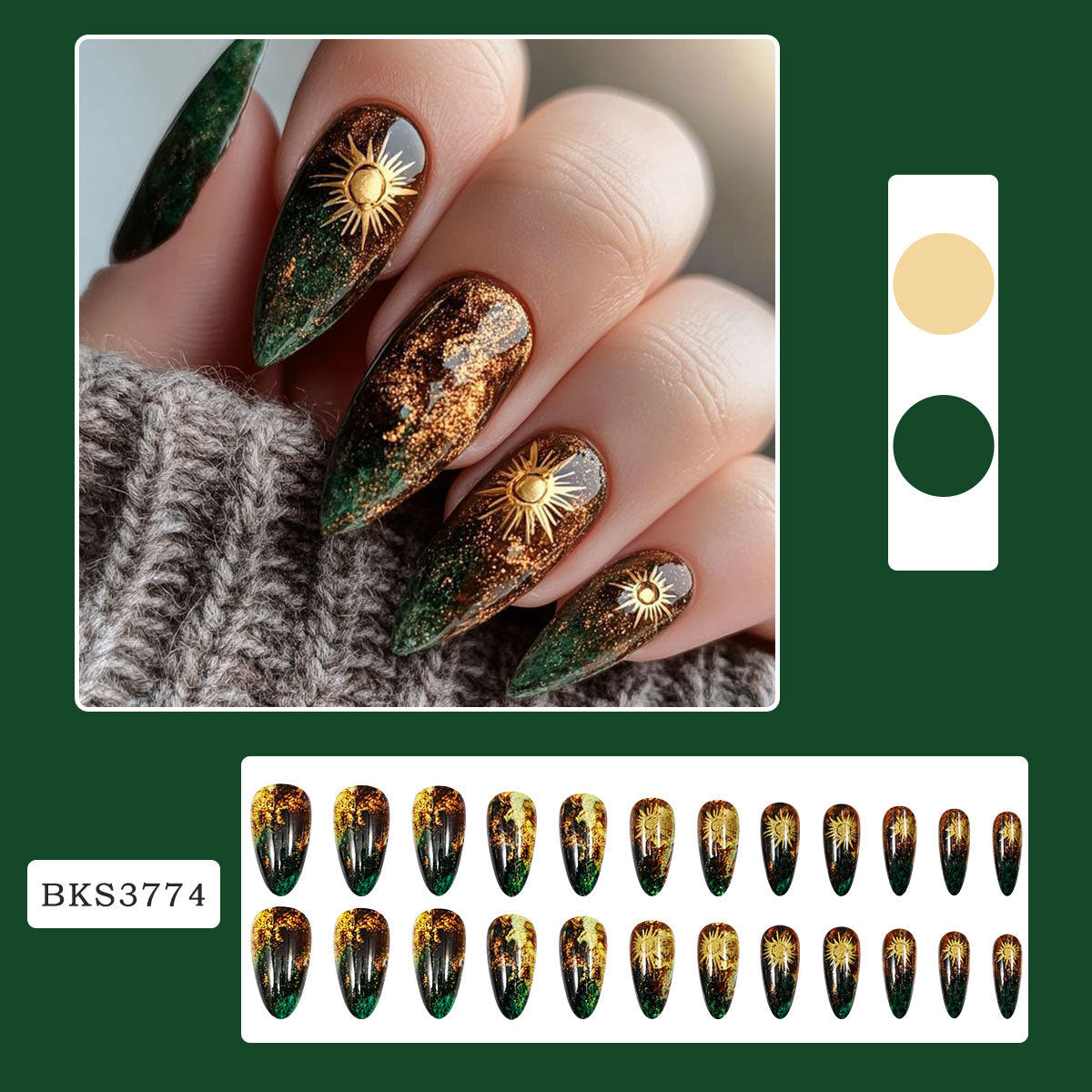 Emerald Gold Celestial Press On Nails